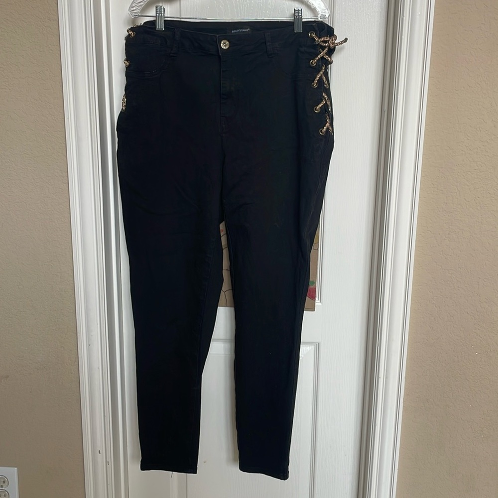 Ashley Stewart rhinestone tie up black jeans size 18
